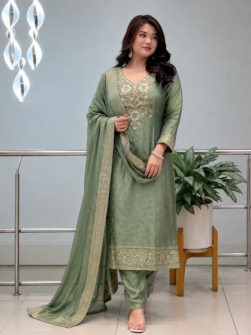 Elegant Sage Green Embroidered Kurta Set with Organza Dupatta for Women