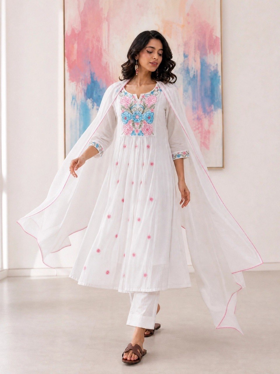 Elegant Ivory White Cotton Flared Anarkali Suit Set with Multi-Color Floral Embroidery & Cape-Style Dupatta