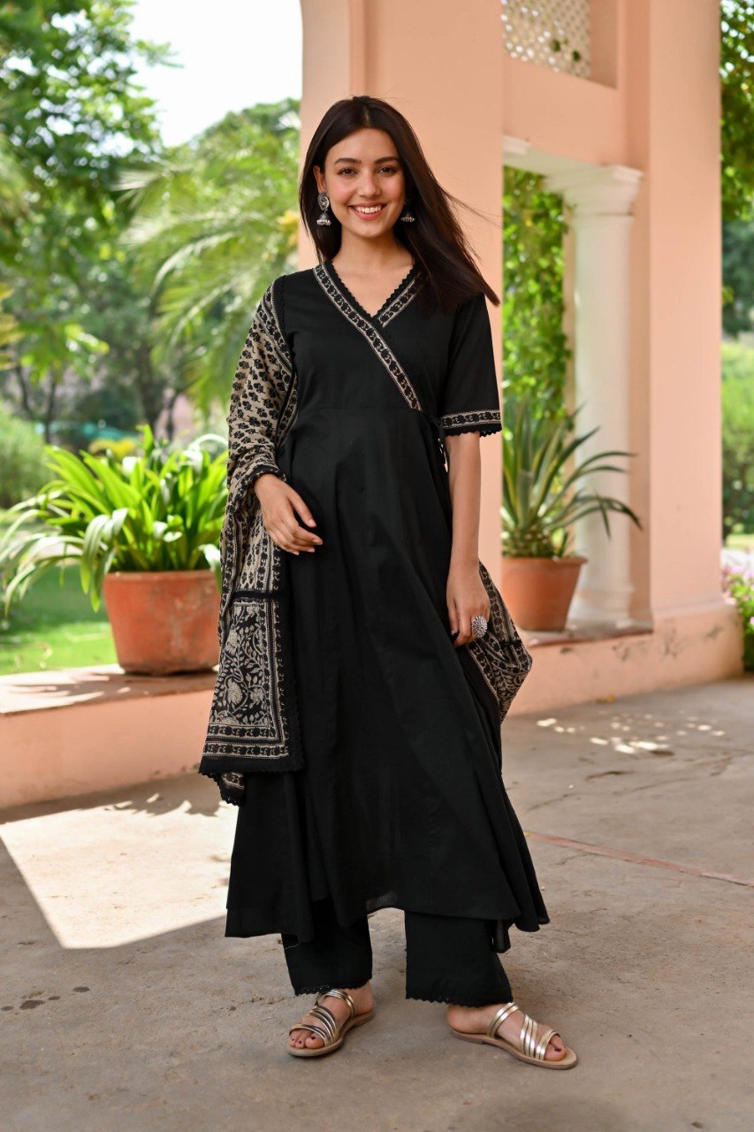 Elegant Black Angrakha Kurta Set with Block Print Dupatta