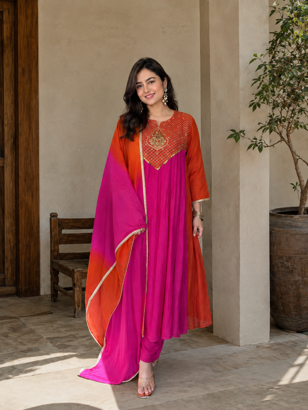 Orange & Pink Embroidered Anarkali Suit Set for Women