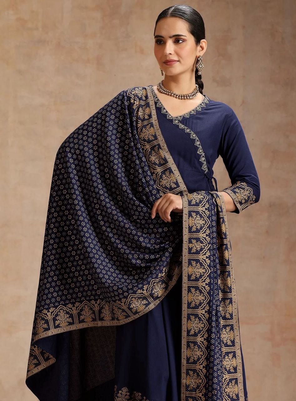 Navy Blue Anarkali Kurta Set with Zari Border Dupatta & Pants
