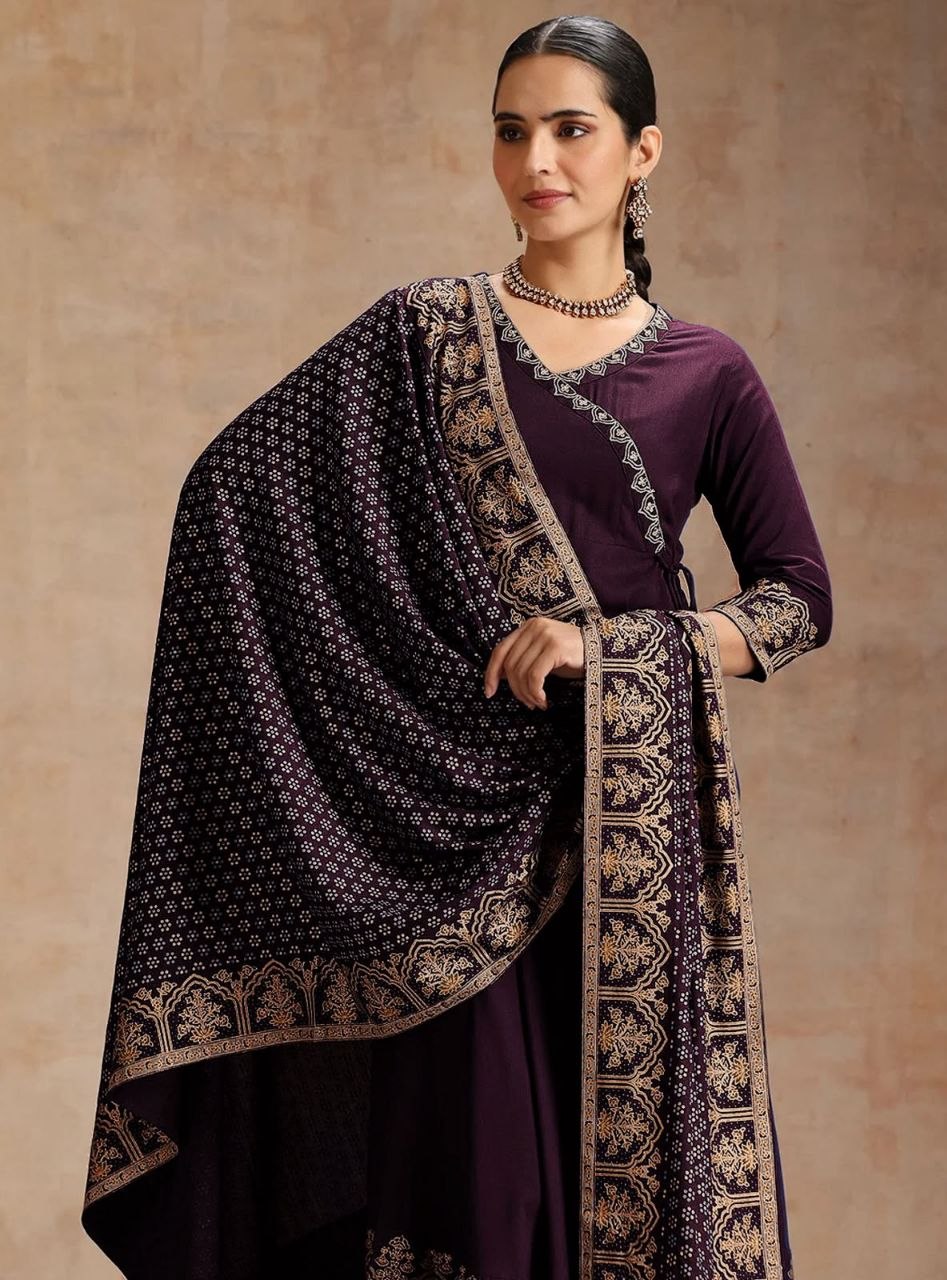 Purple Anarkali Kurta Set with Zari Border Dupatta & Pants