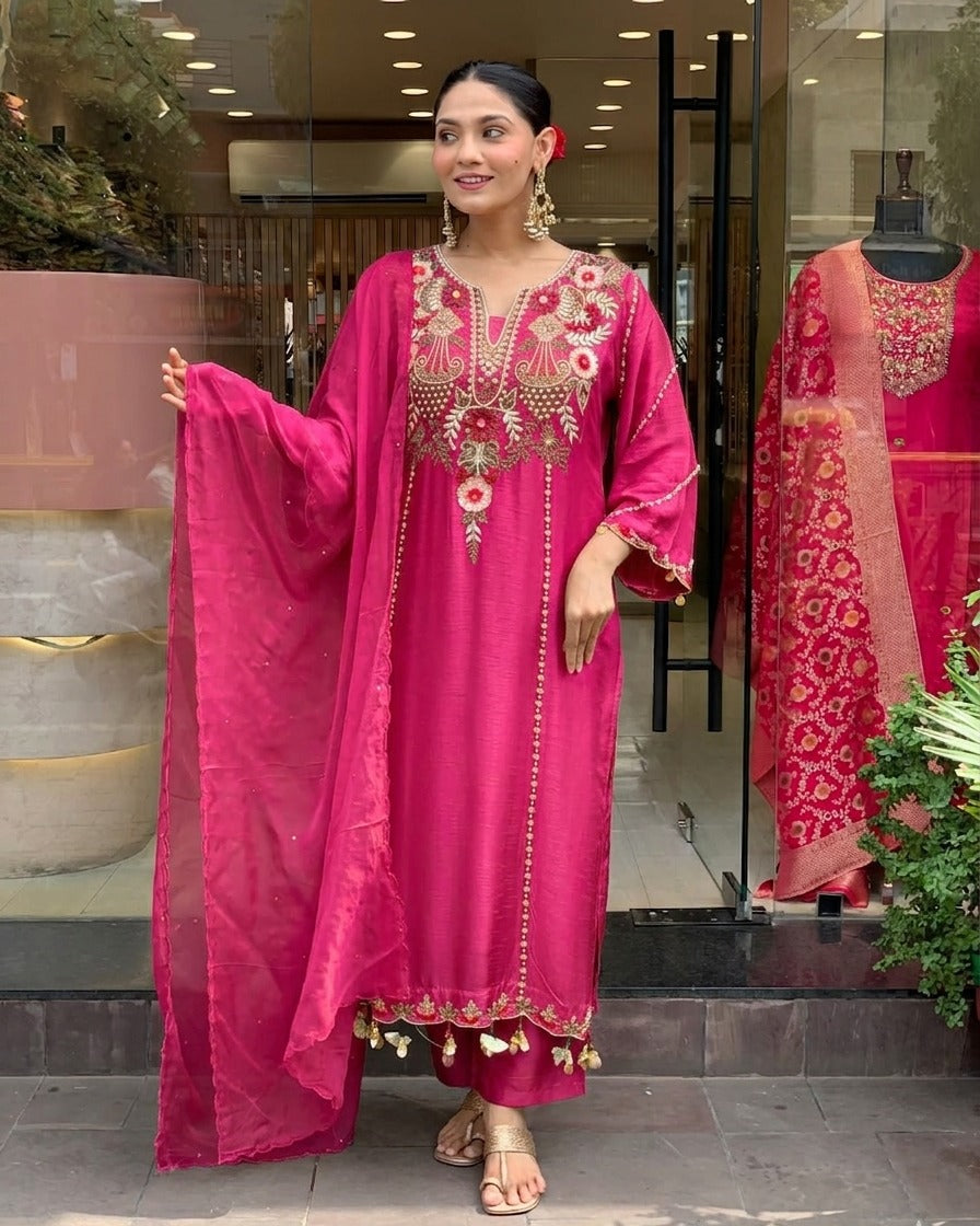 Rani Pink Chanderi Silk Embroidered Kurta Pant Set with Dupatta