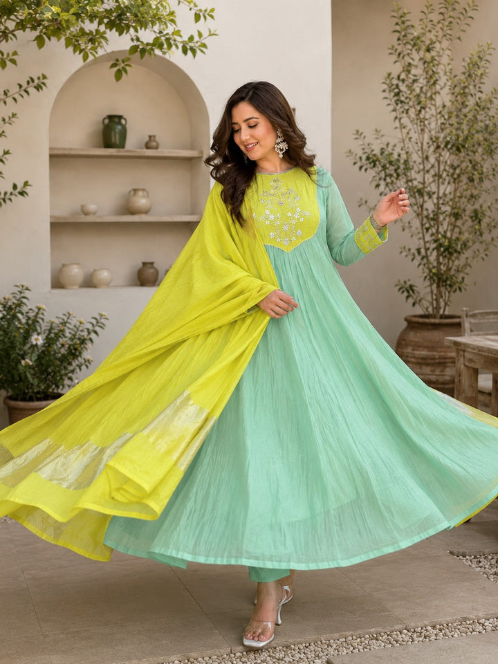 Elegant Mint Green & Lime Yellow Embroidered Anarkali Suit Set