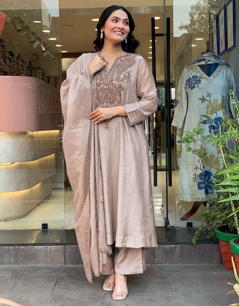 Light Beige Embroidered Kurta Set