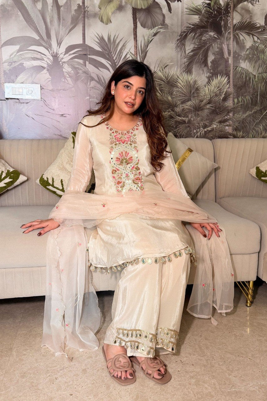 Elegant Off-White Thread Work Kurta Set with Palazzo and  Dupatta