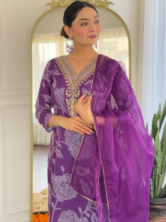 Purple Rayon Kurta Set with Chanderi Dupatta