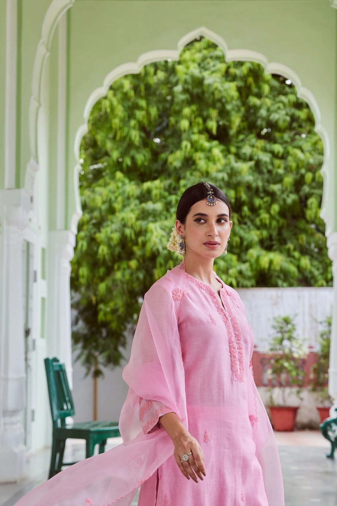 Light Pink Work Mul Chanderi with Ghewar Hand Embroidery Suit Set