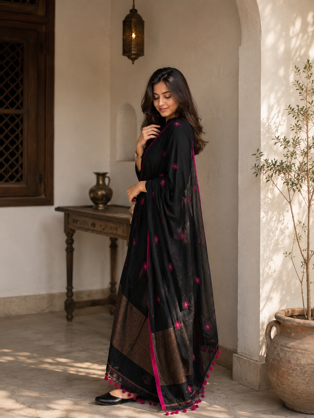Royal Black & Magenta Designer Jacquard Suit Set with Dupatta