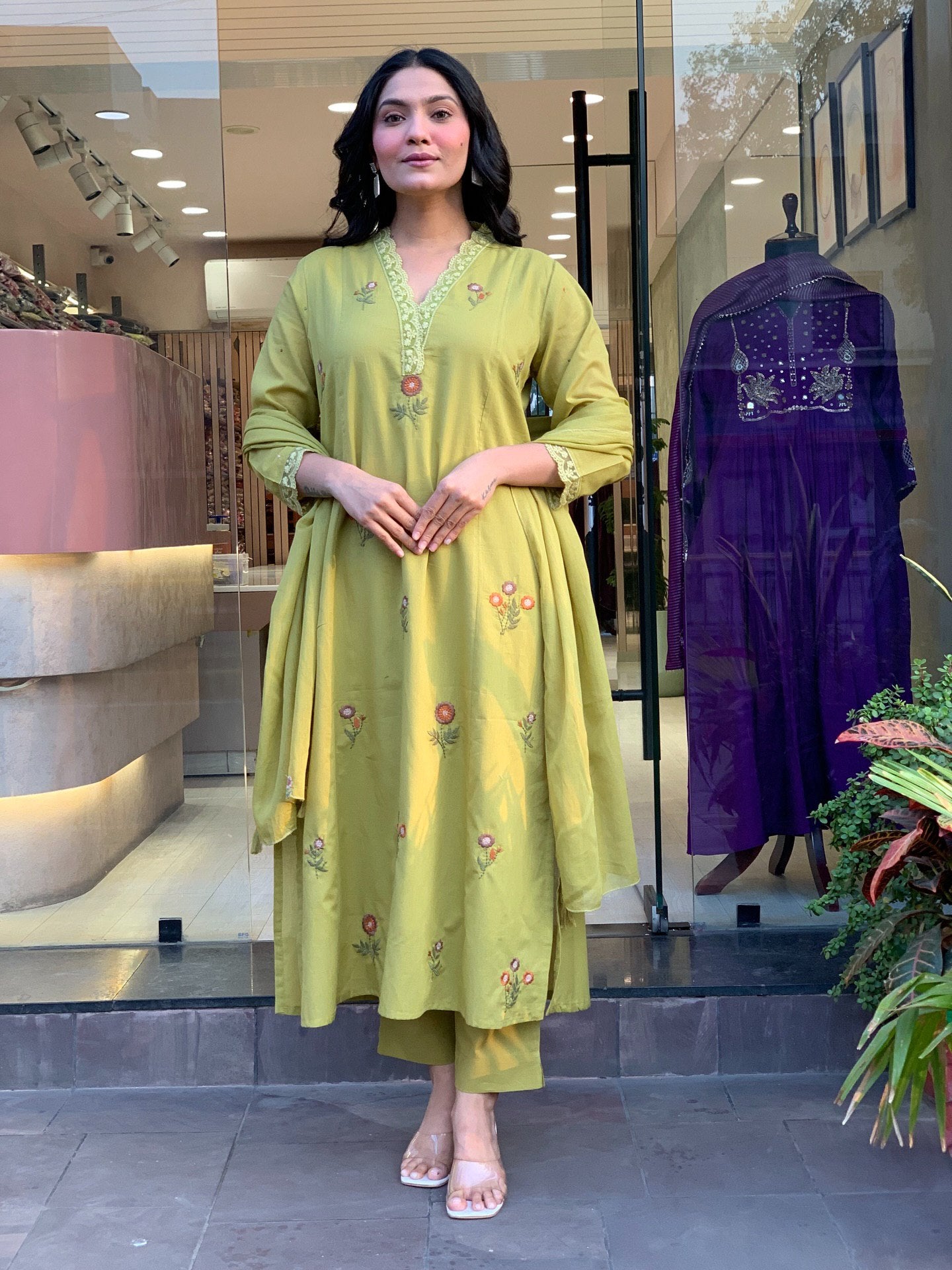 Pista Floral Embroidered Chanderi Kurta Set with Dupatta