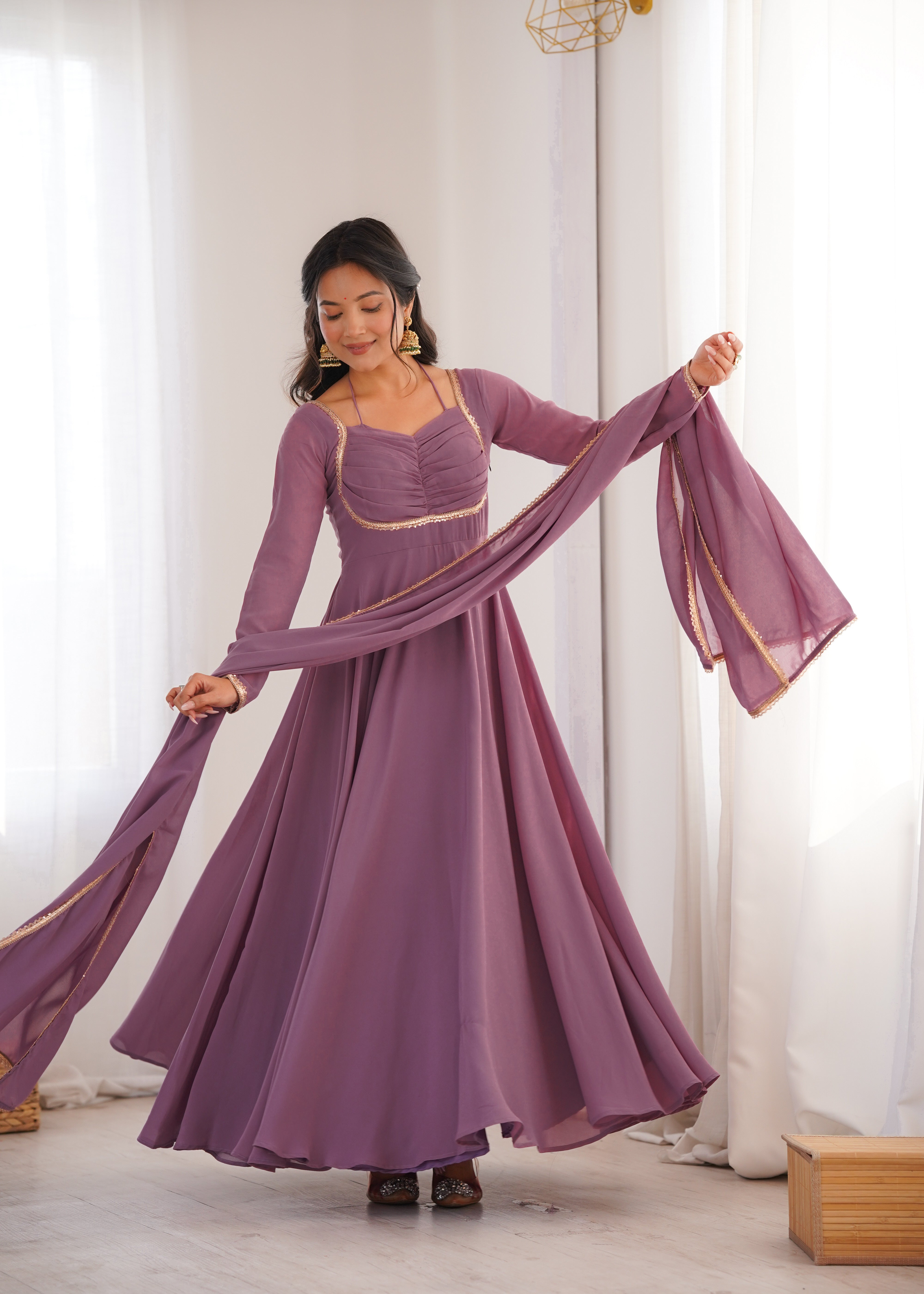 Mauve Pink Fox Georgette Umbrella Flair Fancy Neck Gown With Dupatta