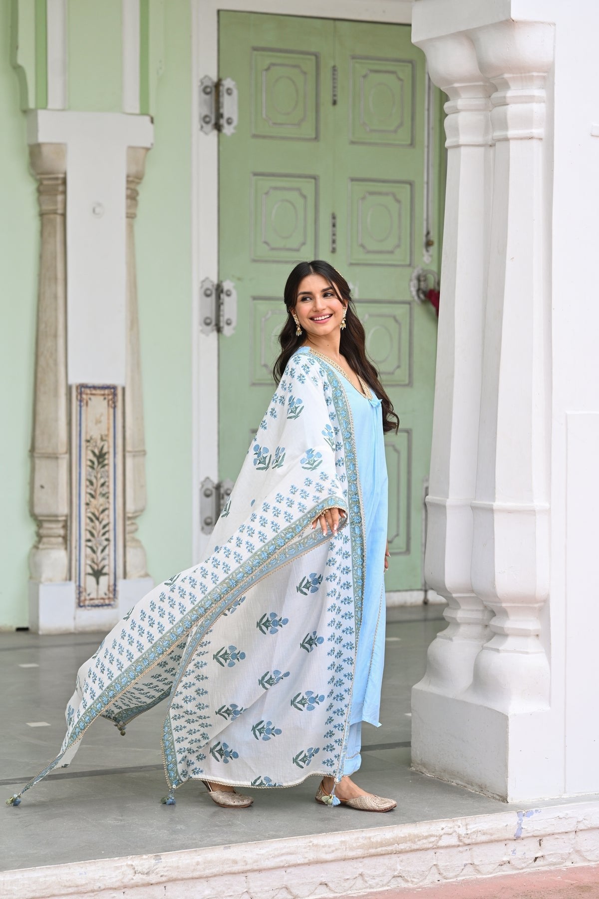 Mahee Jaipur Powder Blue Pure Mul Kurta With Pant And Dupatta Set