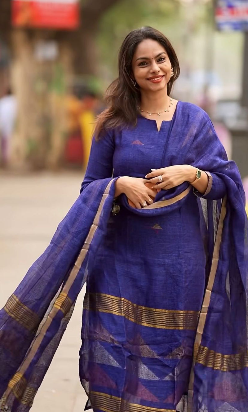 Glamorous Blue & Gold Designer Jacquard Suit with Dupatta Set