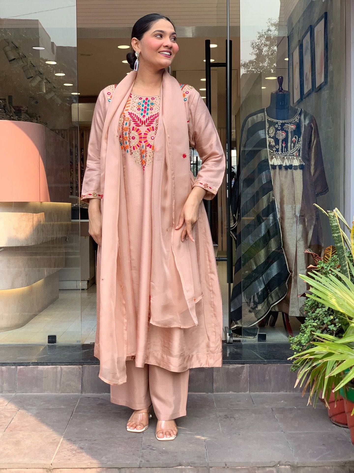 Elegant Peach Embroidered Anarkali Kurta Pant Set with Dupatta