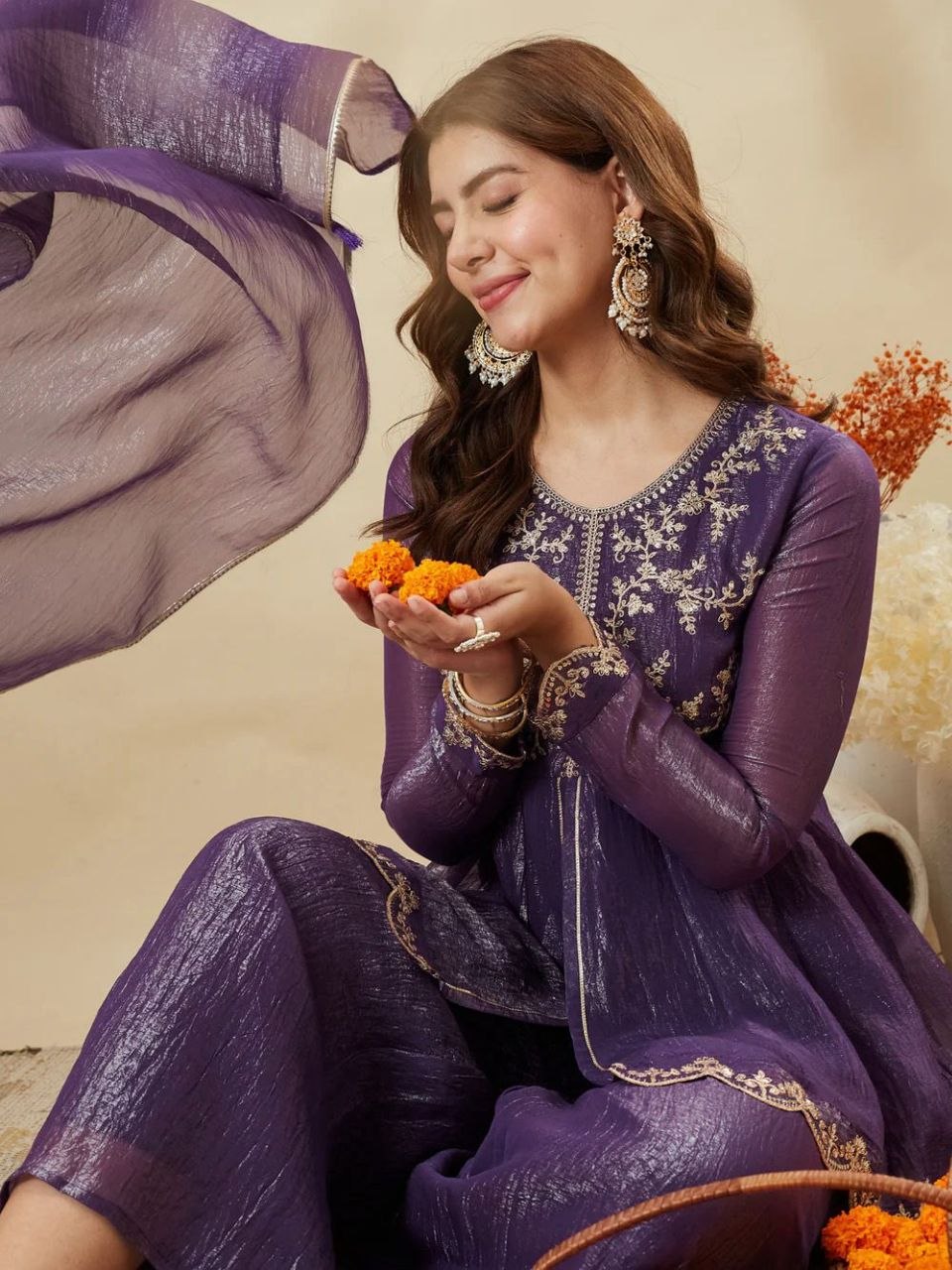 Purple Embroidered Kurta Palazzo Set with Dupatta