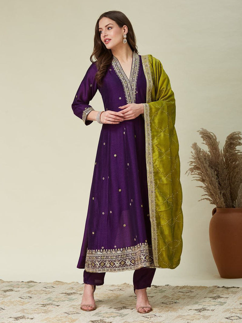 Royal Purple Embroidered Anarkali Kurta Set with Olive Green Dupatta