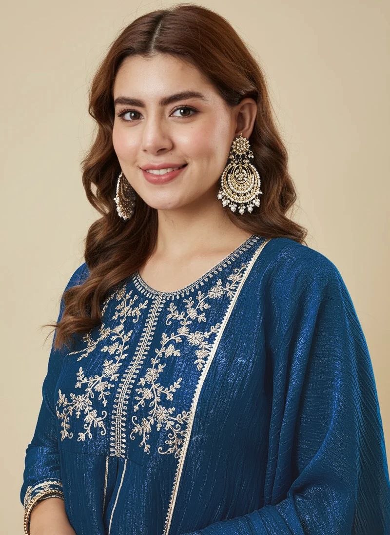 Royal Blue Embroidered Kurta Palazzo Set with Dupatta