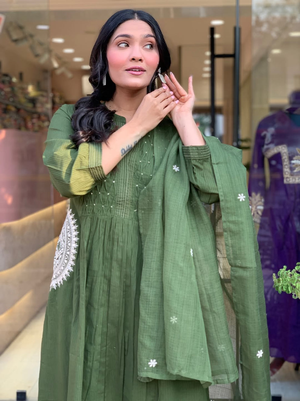 Olive Green Cotton Blend Embroidered Kurta With Pant & Dupatta Set