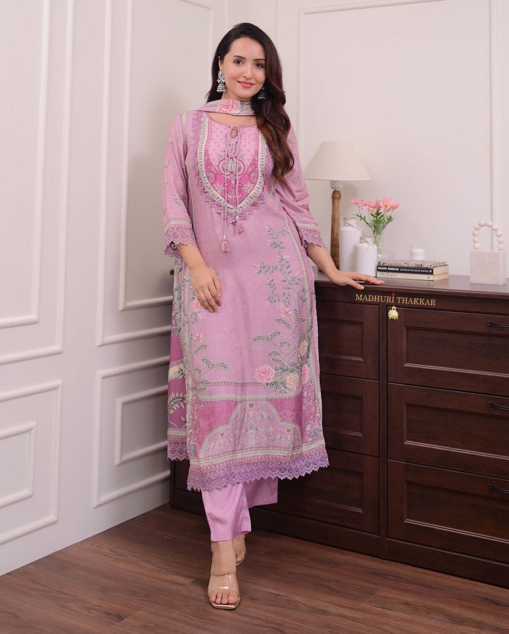 Elegant Lilac Floral Printed Straight Kurta, Pant & Dupatta Set for Women