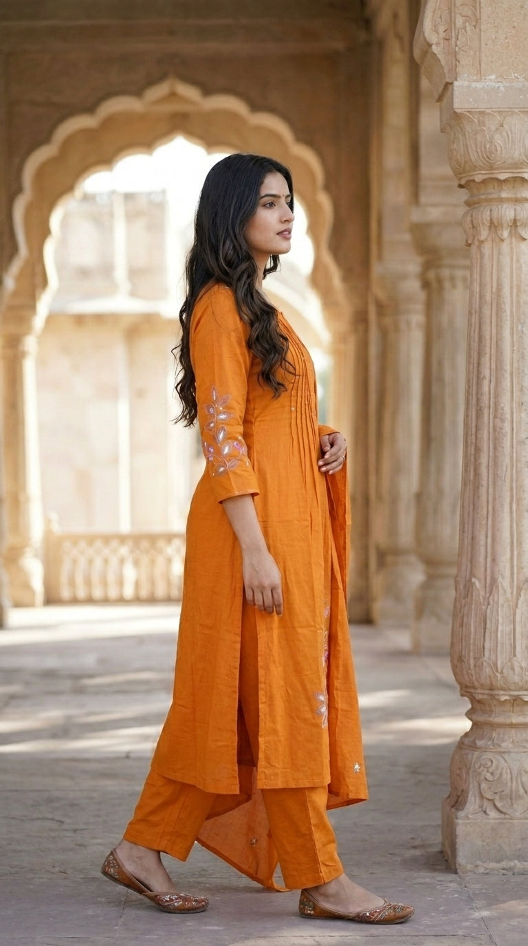 Elegant Rust Orange Cotton Embroidered Kurta Pant Set With Dupatta