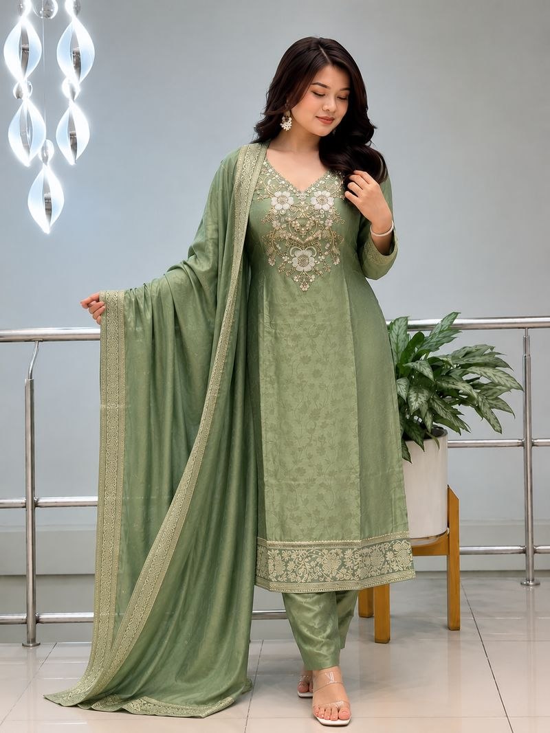 Elegant Sage Green Embroidered Kurta Set with Organza Dupatta for Women