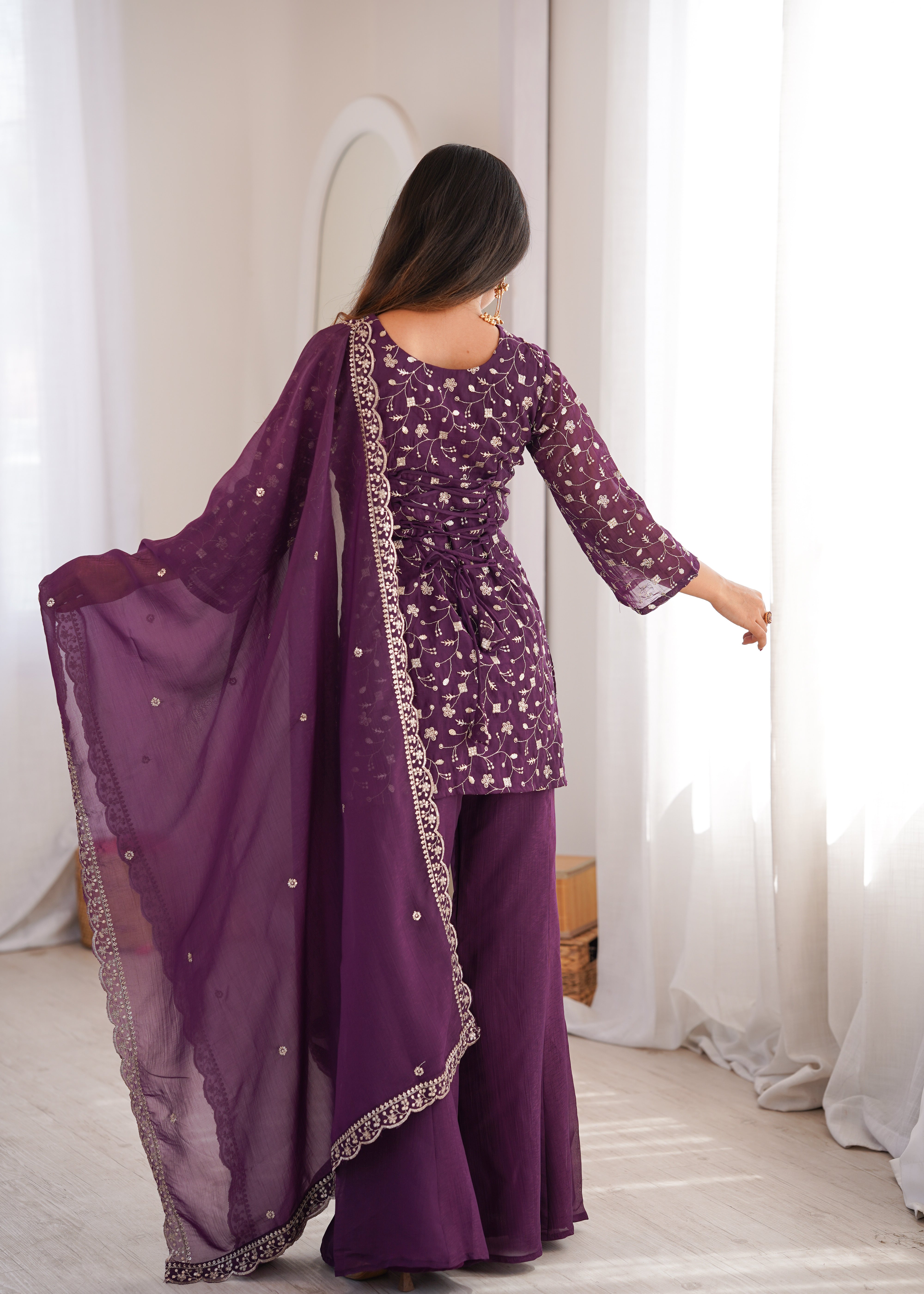 Crunchy Silk Embroidered Suit Set with Bell Bottom Pant