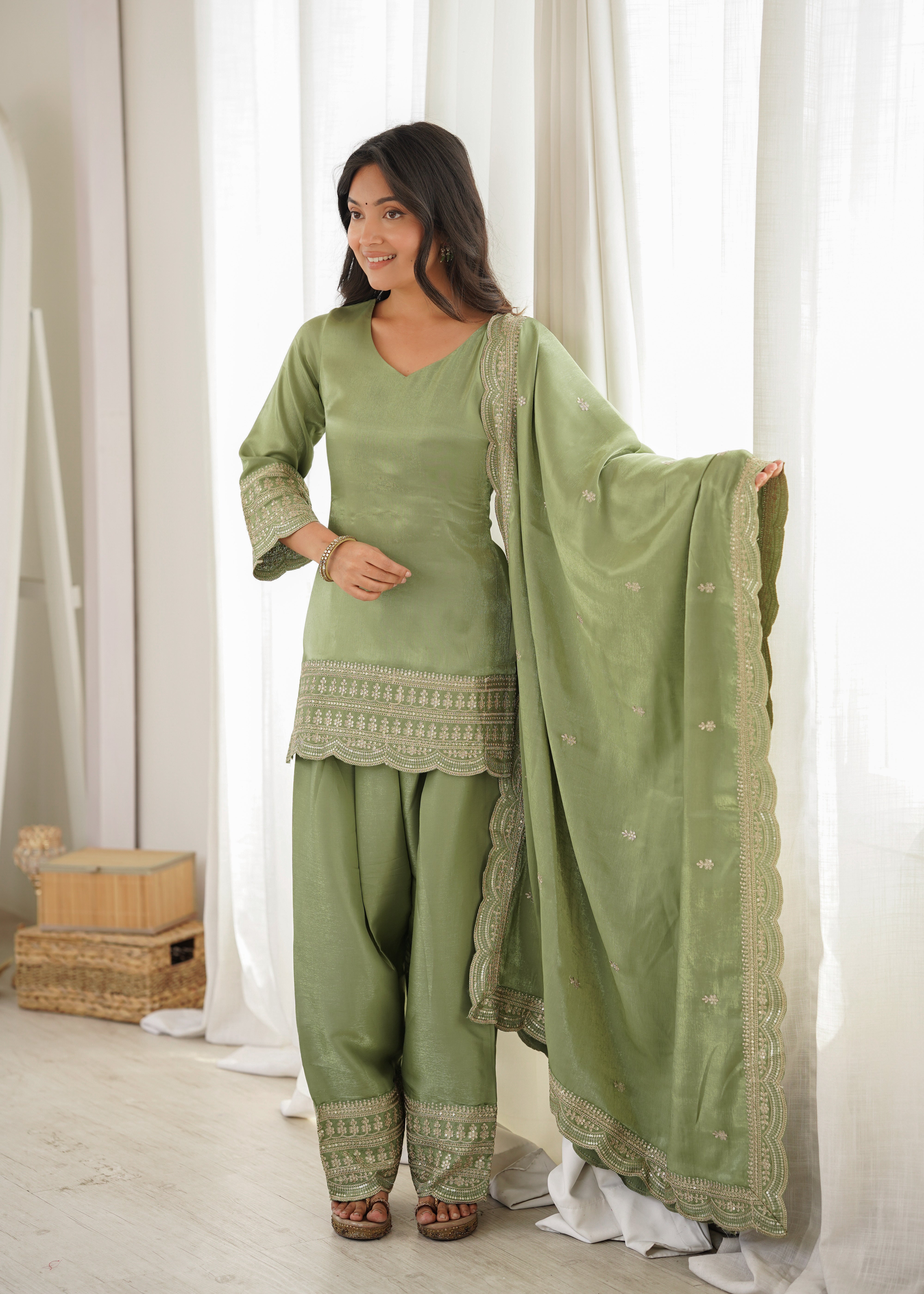 Olive Green Salwar Suit for Women | Embroidered Kurta, Salwar, and Dupatta Set
