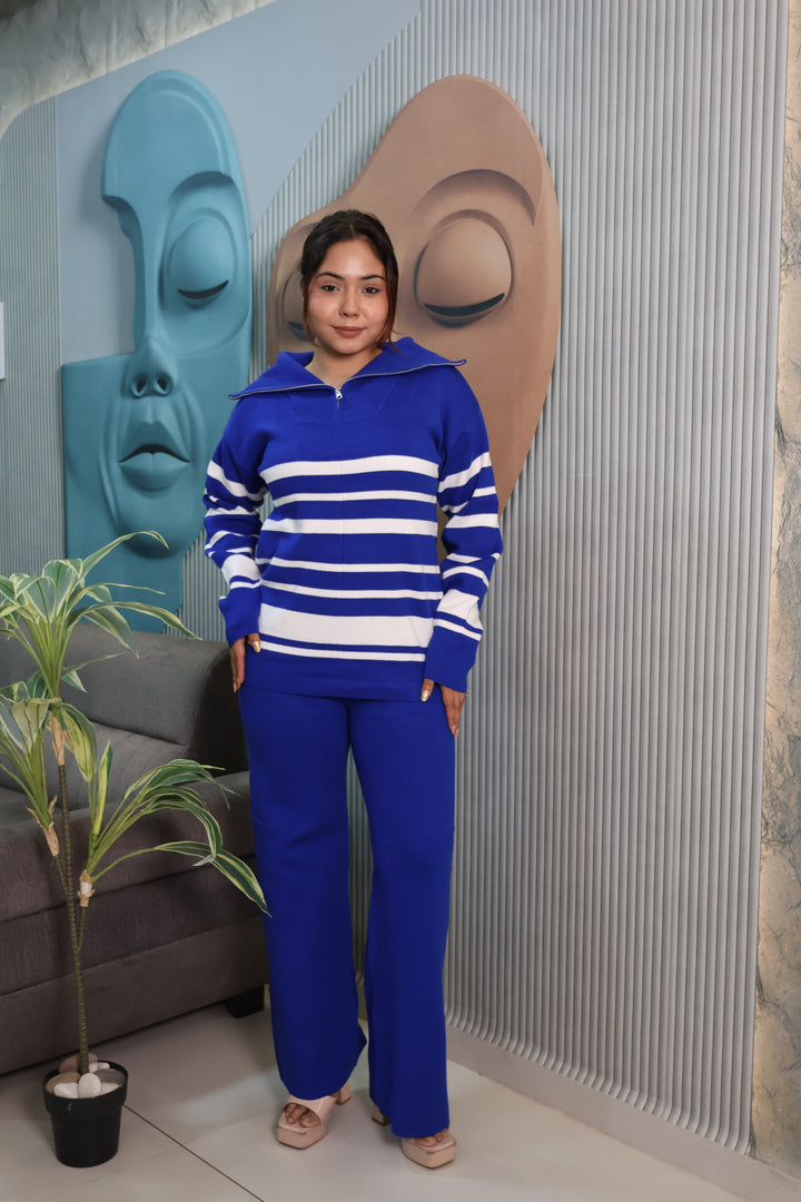 Woolen Knit Co-Ord Set with Striped High Neck Top (blue)