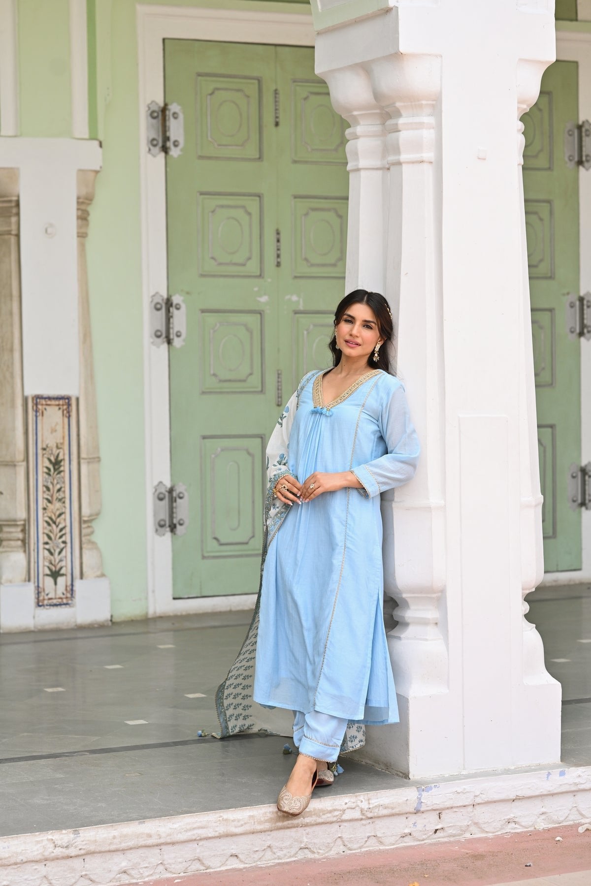 Mahee Jaipur Powder Blue Pure Mul Kurta With Pant And Dupatta Set