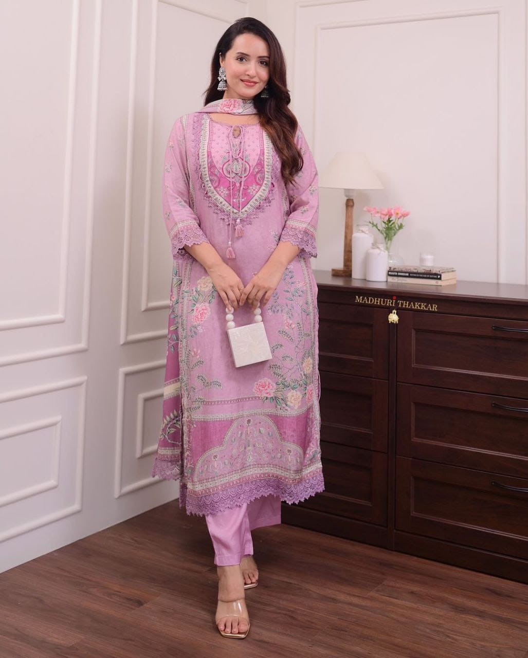 Elegant Lilac Floral Printed Straight Kurta, Pant & Dupatta Set for Women