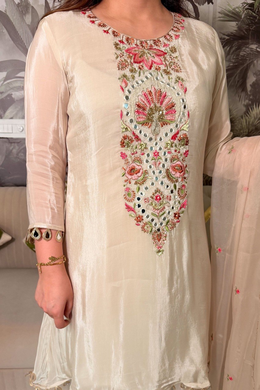 Elegant Off-White Thread Work Kurta Set with Palazzo and  Dupatta