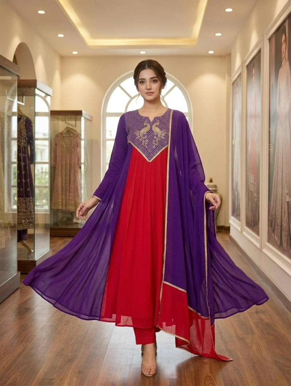 Red and Purple Embroidered Anarkali Suit Set with Dupatta