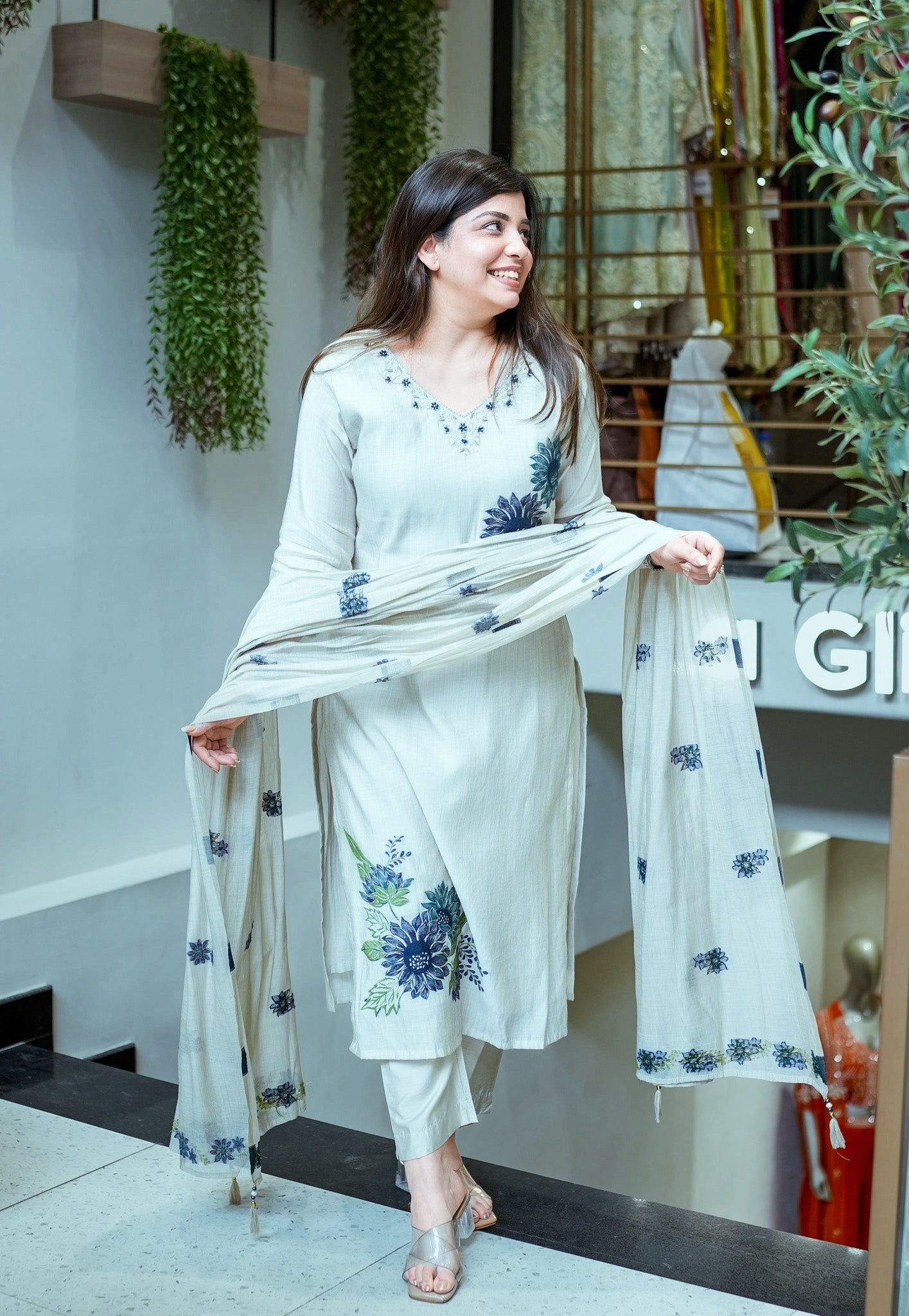 Ice Blue Pure Lilan Suit Set for Women