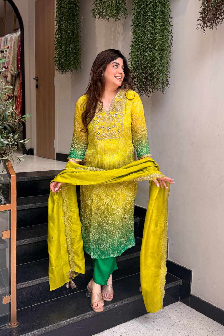 Lime Green Bandhani Print Premium Silk Suit Set
