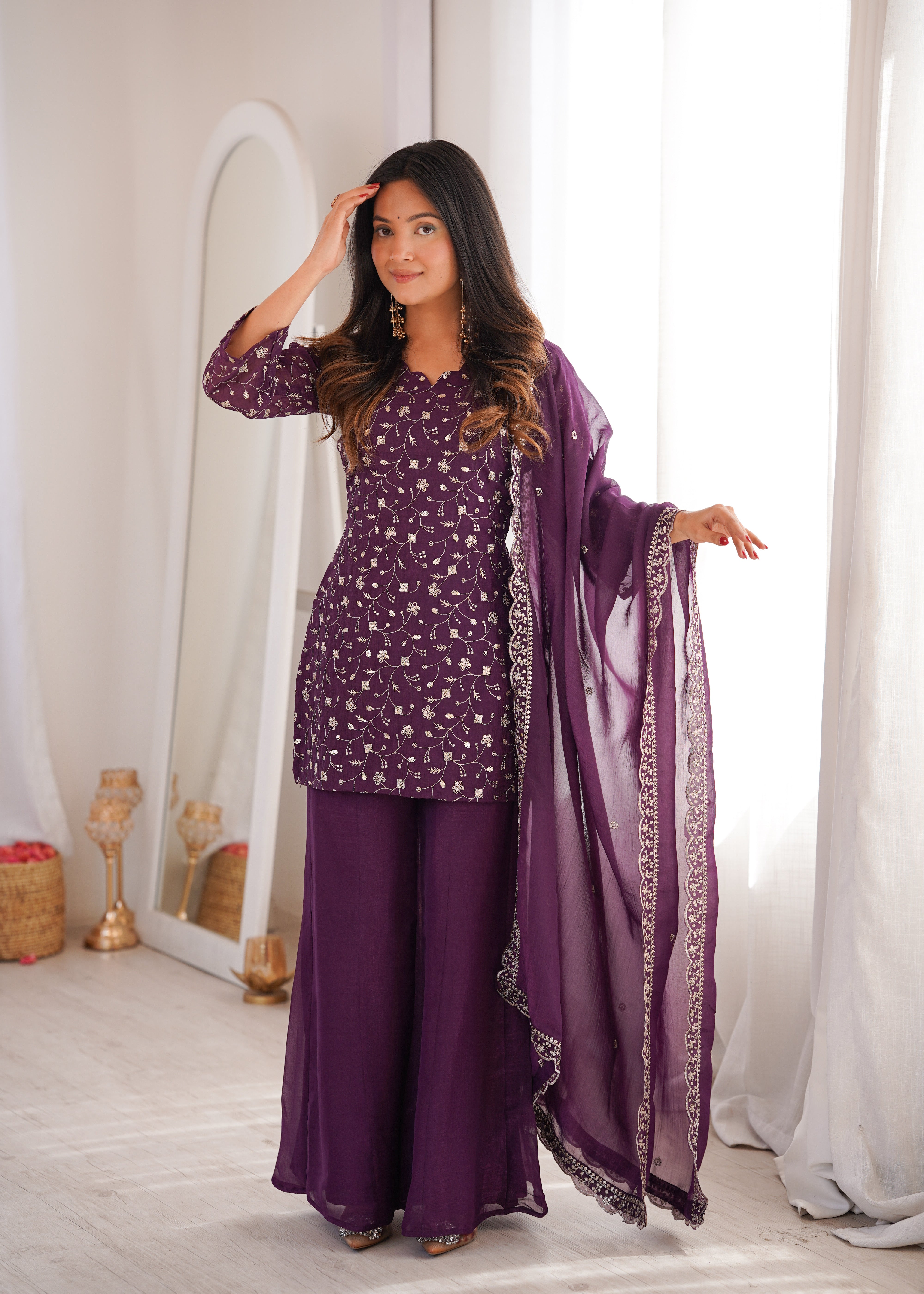 Crunchy Silk Embroidered Suit Set with Bell Bottom Pant