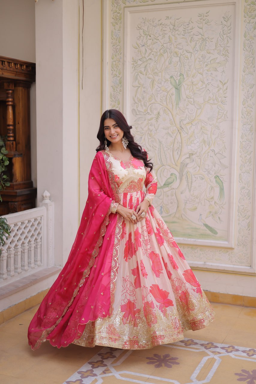 White With Pink Embroidery Zari Sequins Work Digital Printed Russian Silk Gown With Dupatta