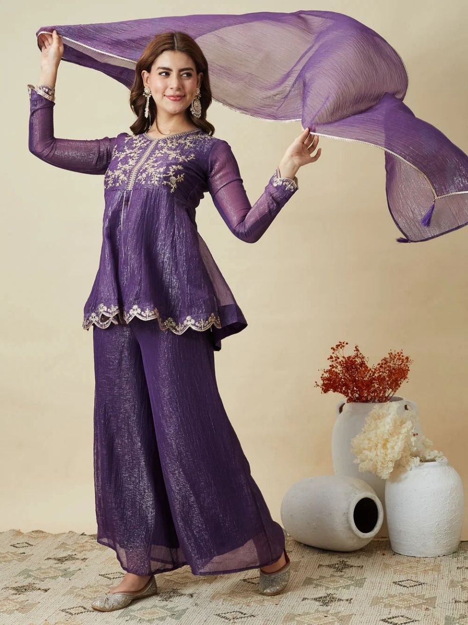 Purple Embroidered Kurta Palazzo Set with Dupatta