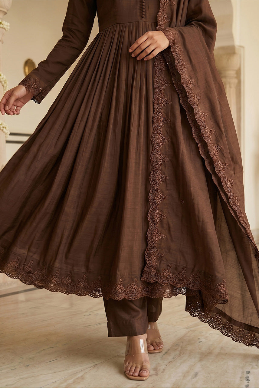 Brown Flared Anarkali Suit Set with Dupatta