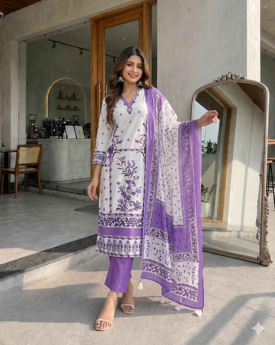 Purple And Off White Cotton Straight Beads And Stones Kurta Dupatta Set