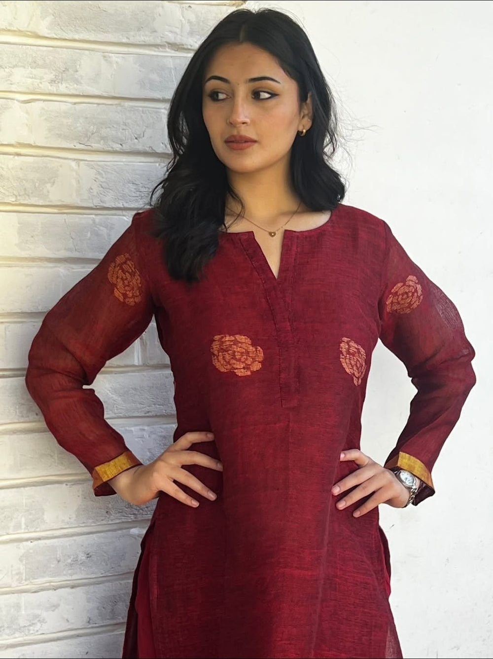 Maroon Straight Kurta Set featuring Exquisite Handwoven Border