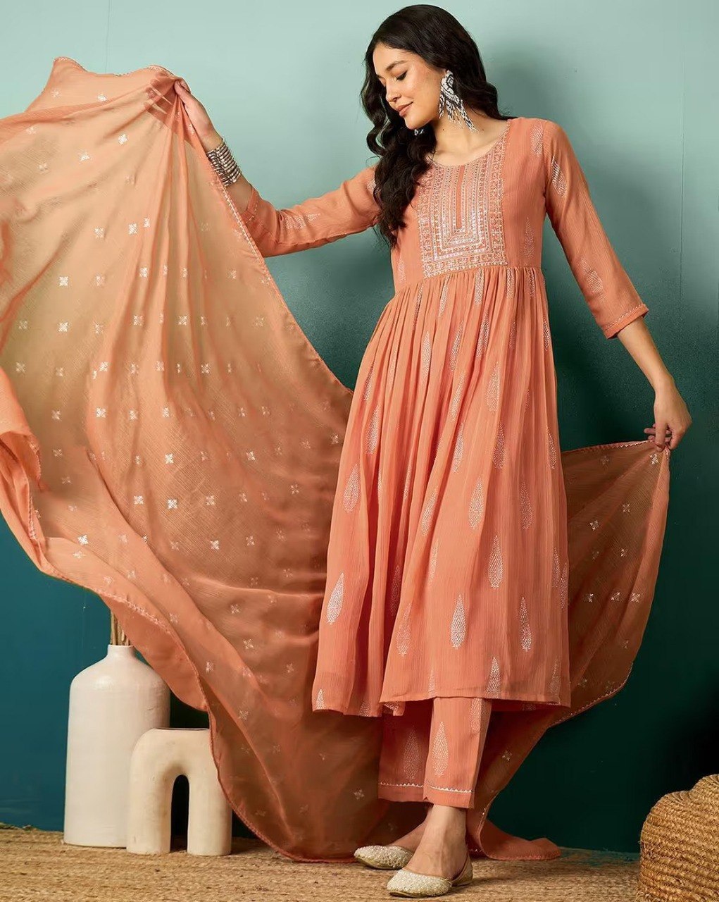 Pastel Peach Embroidered Flared Anarkali Kurta Set
