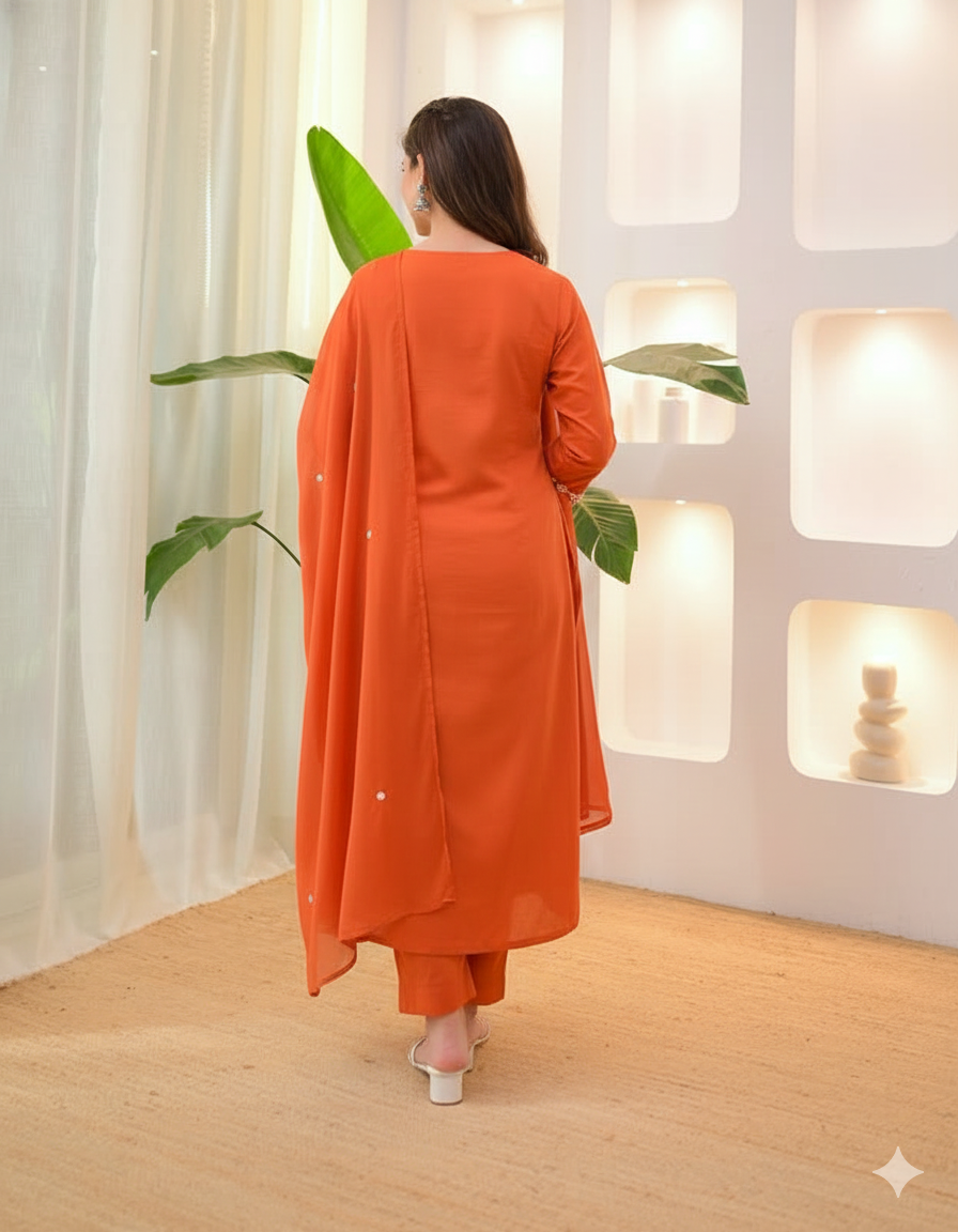 Magenta Orange Embroidered Kurta Pant Set with Dupatta