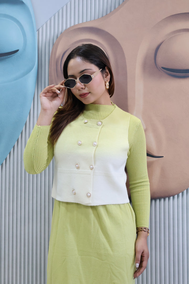Lime Green Two-Piece Knit Dress with Buttoned Overlay Top | Layered Dress Set