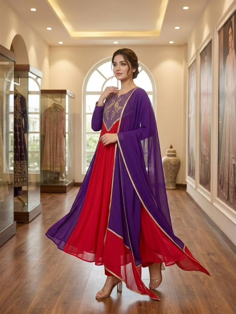 Red and Purple Embroidered Anarkali Suit Set with Dupatta