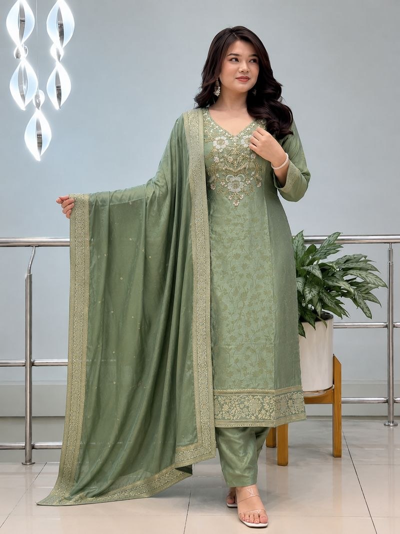 Elegant Sage Green Embroidered Kurta Set with Organza Dupatta for Women