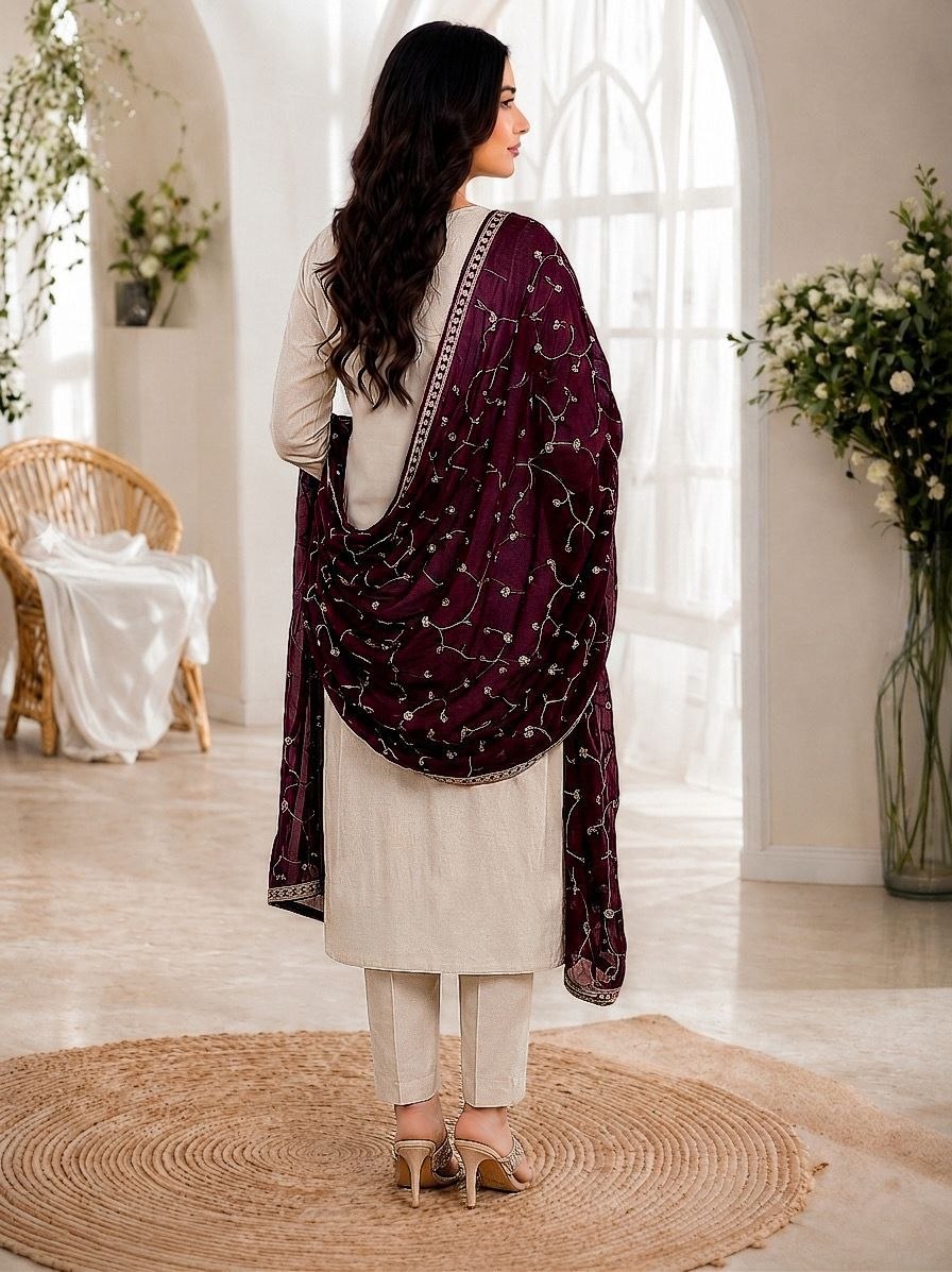 Premium Beige Silk Kurta Set with Deep Wine Dupatta