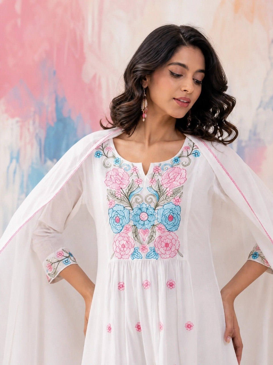 Elegant Ivory White Cotton Flared Anarkali Suit Set with Multi-Color Floral Embroidery & Cape-Style Dupatta