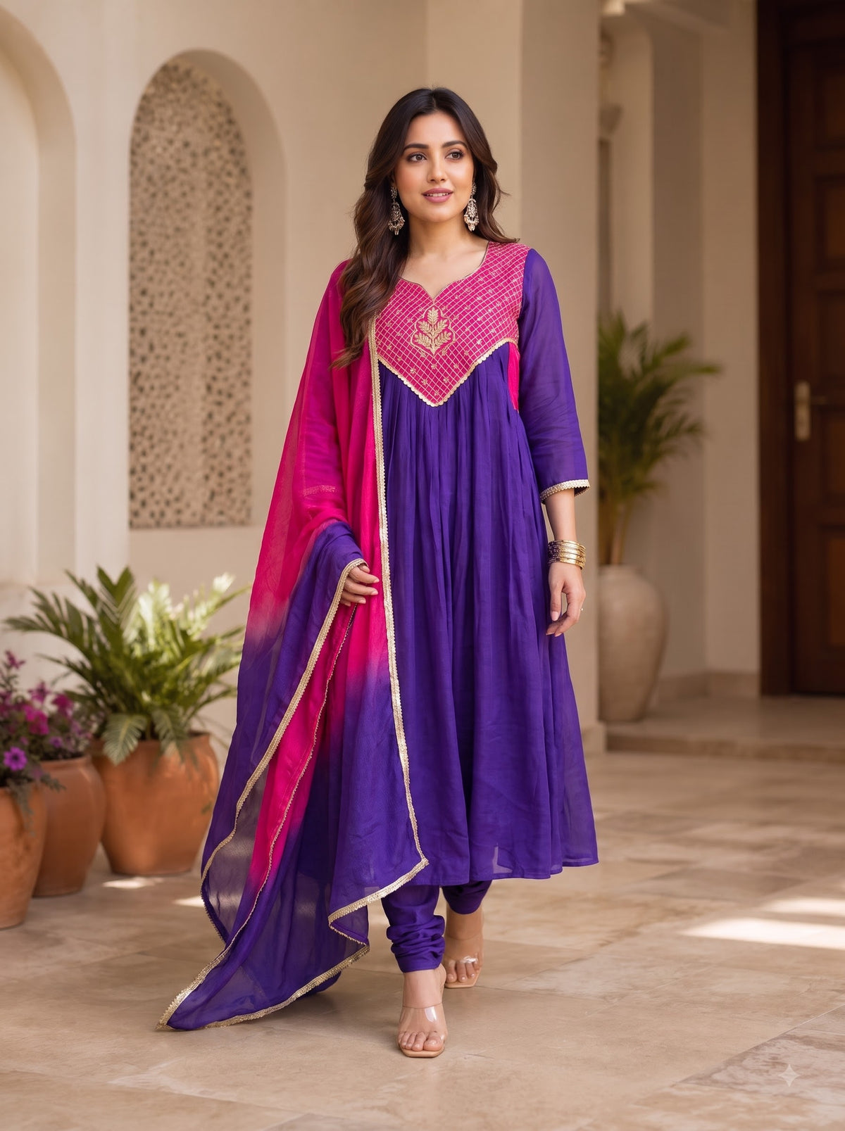 Ombre Embroidered Anarkali Suit Set with Dupatta