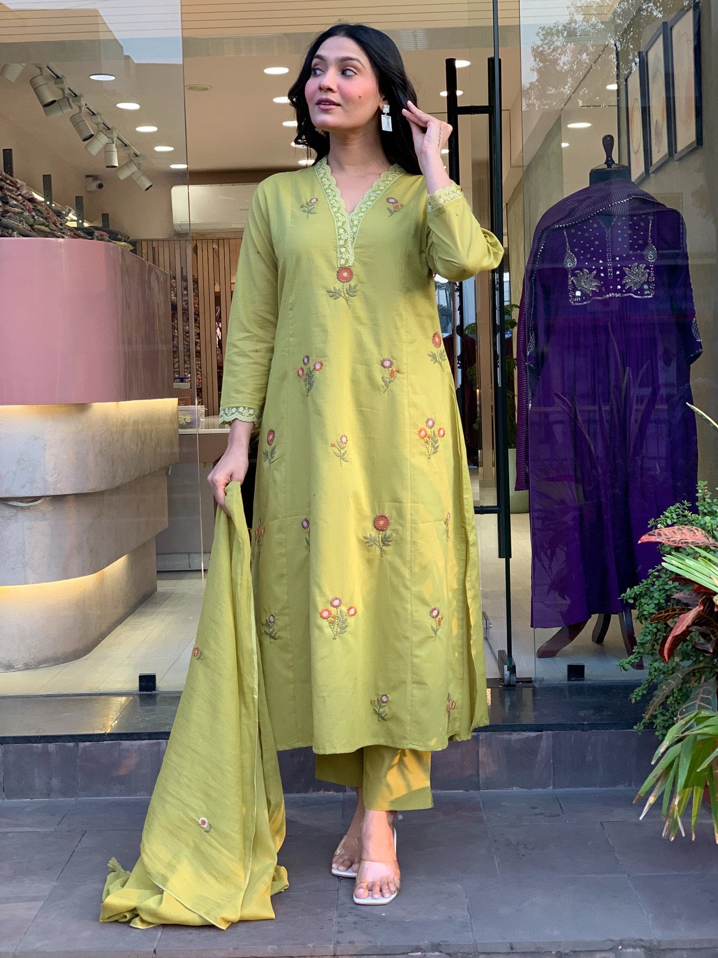 Pista Floral Embroidered Chanderi Kurta Set with Dupatta