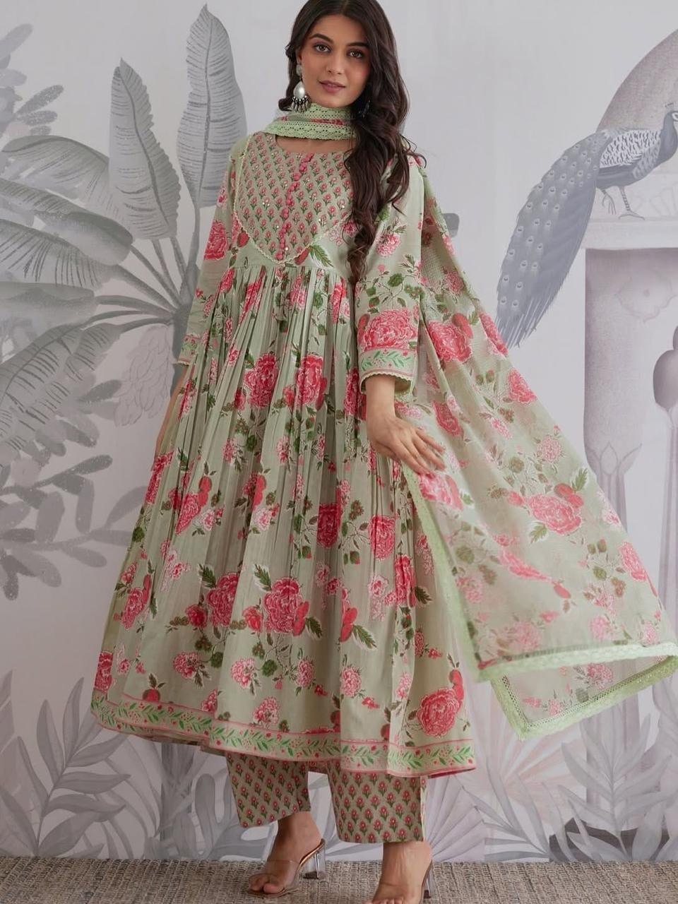 Premium Sage Green Floral Jaipuri Cotton 6060 Flared Anarkali Suit Set with Pant & Dupatta